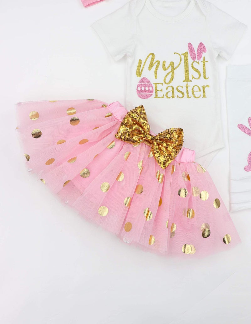 Fommy Easter Baby Girl Outfit, 9-12 Months Letter Printed Short Sleeve Romper + Tutu Dress + Leg Warmers + Headband 4Pcs Set, Pink - Image 4